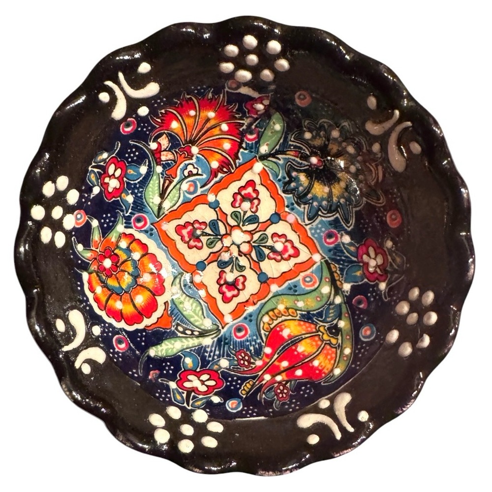 Very Small Hand-Painted Black and Multicoloured Floral Ceramic Decorative Bowl